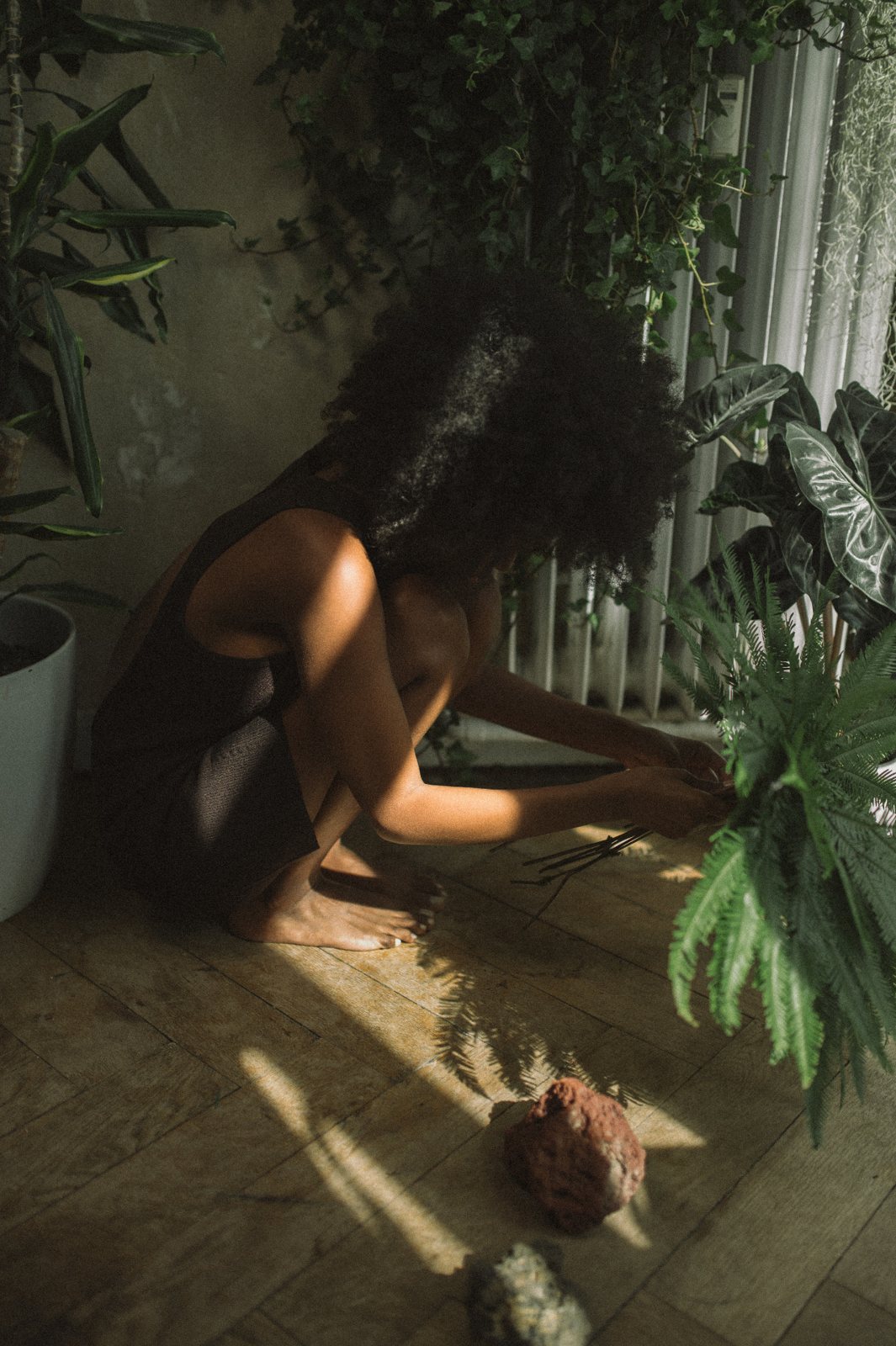 A person crouches barefoot on a wooden floor among houseplants, tending a fern in a band of sunlight.